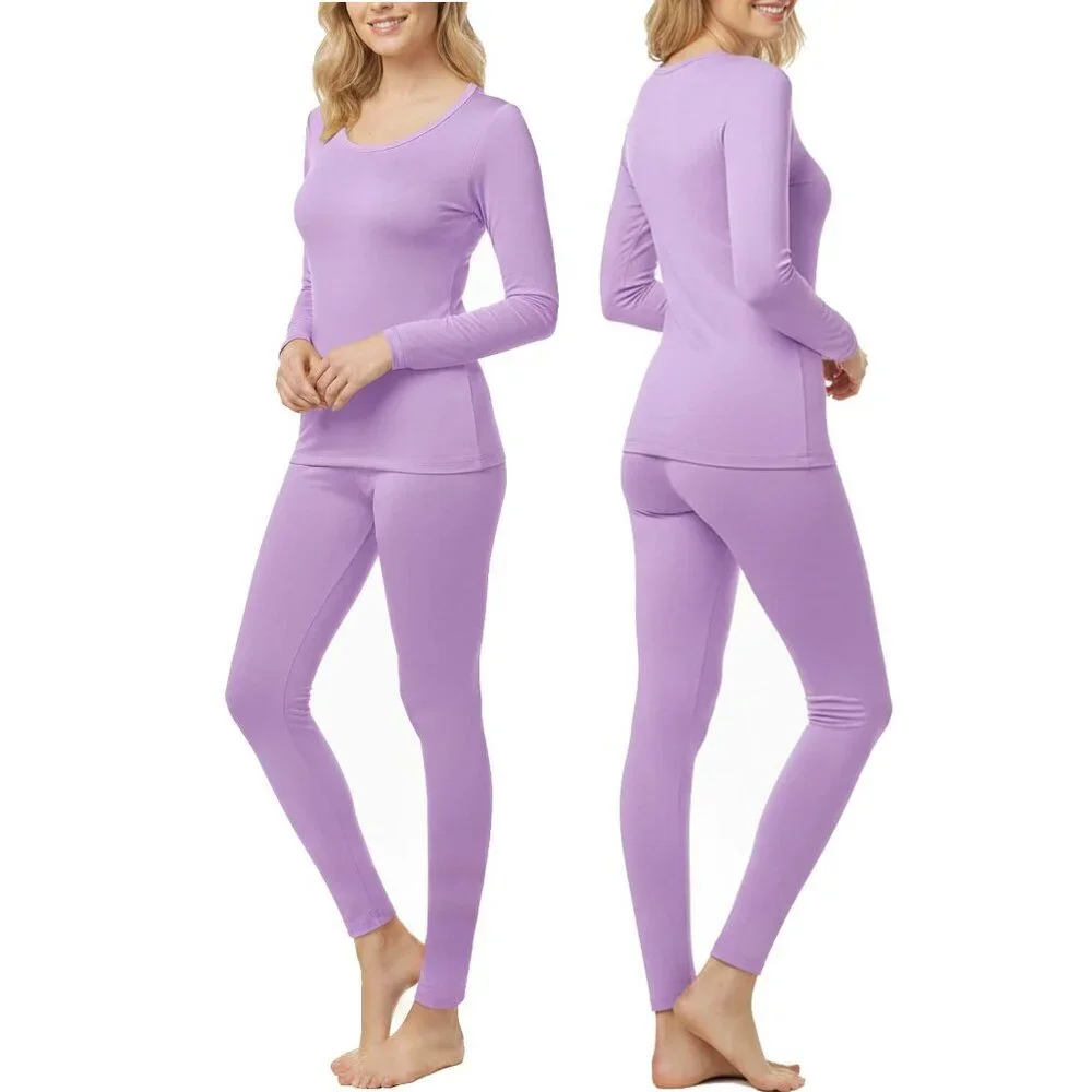 Women Microfiber Fleece Thermal Set Base Layer Top & Bottom, Winter Warm, Purple